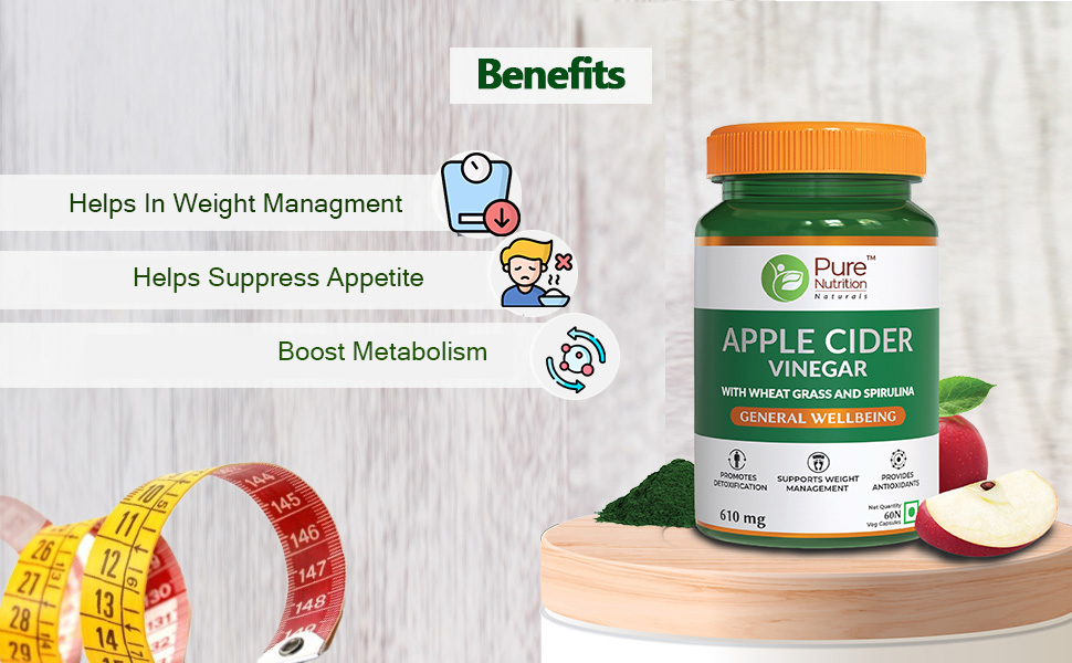 Pure Nutrition Apple Cider Vinegar with Wheat Grass & Spirulina for Enhanced Wellness | Rich in Antioxidants | Supports Weight Management, Detoxification & Immunity - 60 Veg Capsules (Pack of 2)