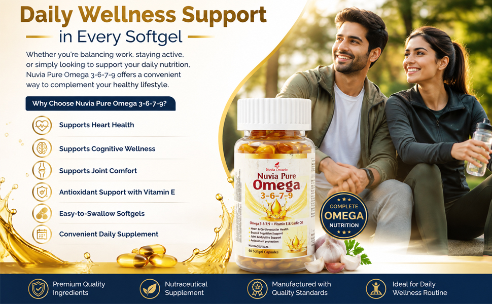 Nuvia Pure Omega 3-6-7-9 Softgel Capsules with Vitamin E & Garlic Oil | Supports Heart, Brain & Joint Health | Antioxidant Support | Nutraceutical | 60 Softgels