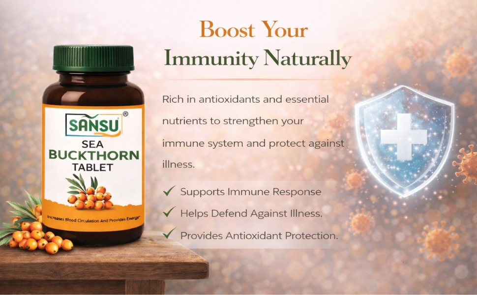 Sansu Sea Buckthorn Tablet for Energy, Circulation & Immunity Support, Antioxidant Rich Dietary Supplement for Skin Protection & Daily Wellness – 60 Capsules Pack