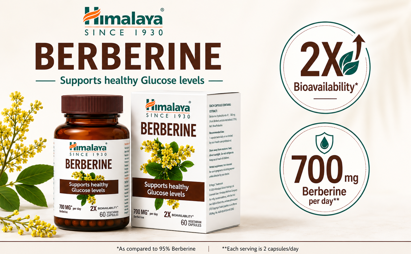 Himalaya Berberine Capsules | Supports Healthy Glucose and Cholesterol Levels | 2X Bioavailability | 700 mg Berberine Per Day | Vegetarian, No Artificial Colours, Preservative Free | 60 Capsules