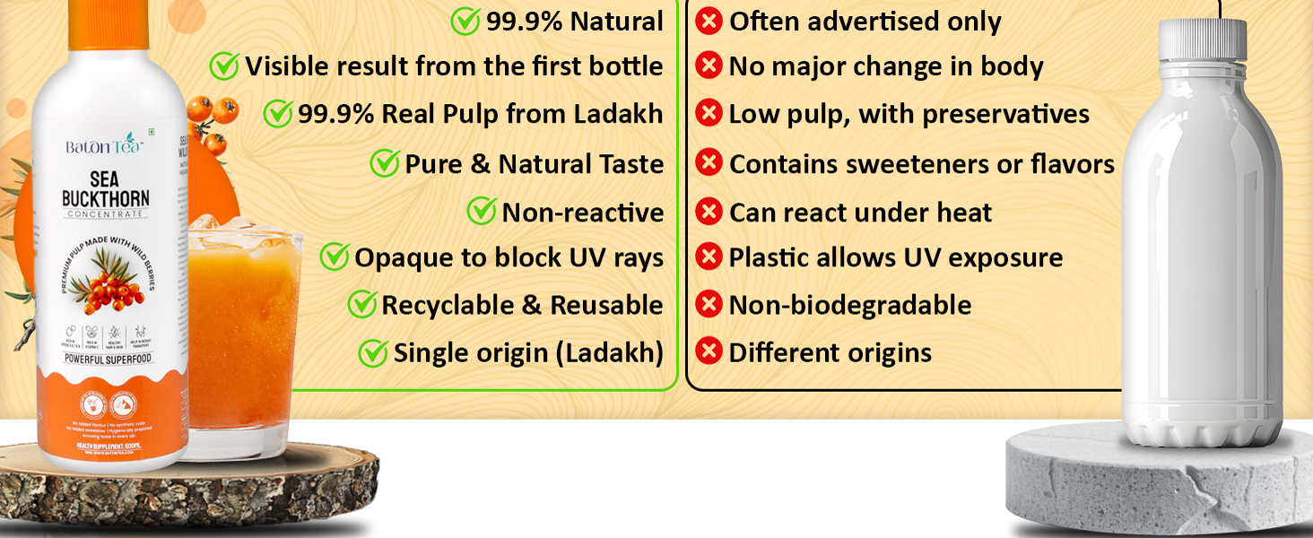 Baton Tea Himalayan Sea Buckthorn Pulp Juice 500ml | Cold-Pressed | Natural Vitamin C, Omega 3 6 7 9, Antioxidants | Immunity, Skin Glow & Gut Health Support | No Added Sugar | Lab Tested |Pack Of 1
