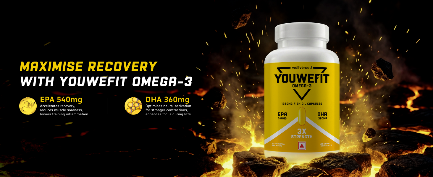 YouWeFit Triple Strength Omega 3 Fish Oil Capsules - 60 Soft Gels With 540mg EPA & 360mg DHA To Support Heart & Joint Health | Omega 3 Supplement 1250mg