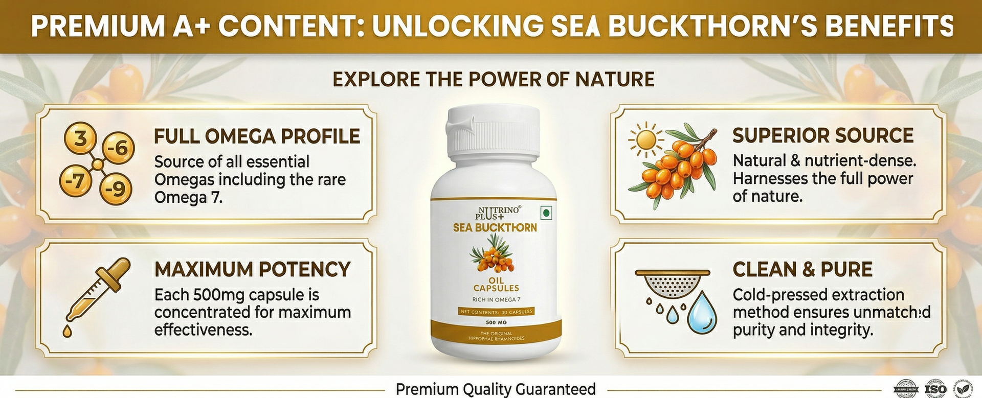 Sea Buckthorn Oil Capsules 500mg | Immunity Booster with Omega 7, Vitamin C & Carotenoids | Hippophae Rhamnoides Extract | Natural Anti-Oxidant & Anti-Inflammatory Supplement | 30 Caps
