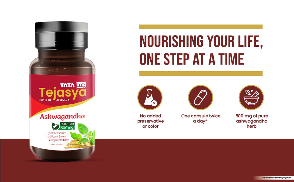 Tata 1mg Tejasya Ashwagandha Capsule 500mg, Supports Strength & Stamina, 500mg, Pack of 60 Capsules