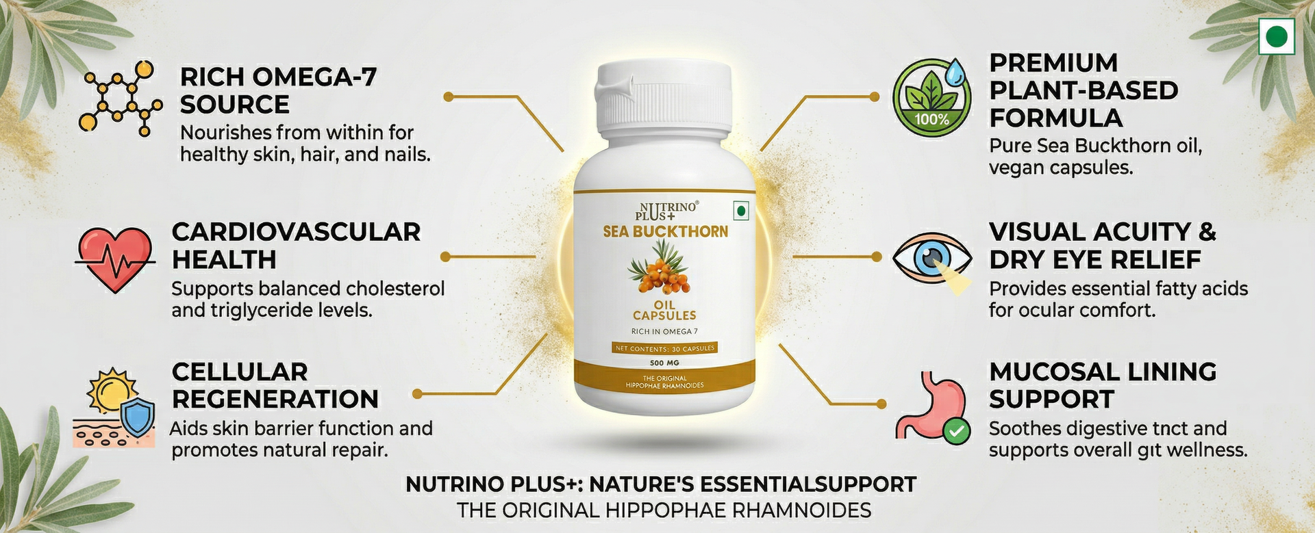 Sea Buckthorn Oil Capsules 500mg | All 4 Omegas — 3, 6, 7 & 9 in One Softgel | Hippophae Rhamnoides | Supports Heart, Joints, Skin & Gut Health | 30 Dietary Supplement Capsules