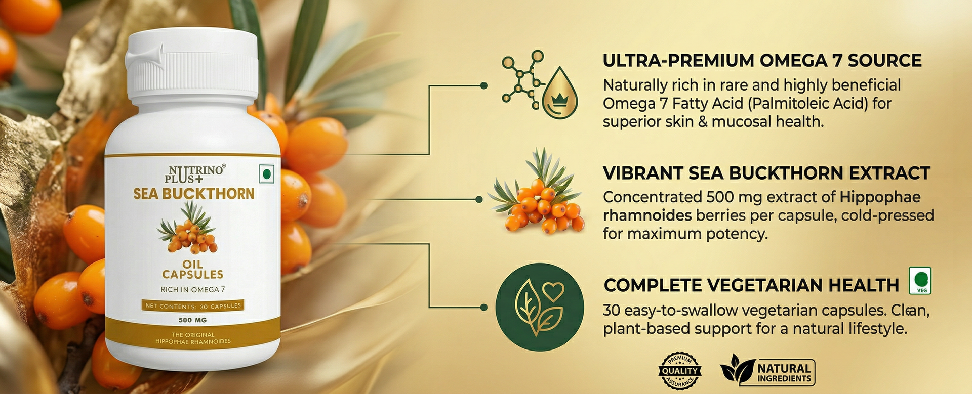 Sea Buckthorn Oil Capsules 500mg | All 4 Omegas — 3, 6, 7 & 9 in One Softgel | Hippophae Rhamnoides | Supports Heart, Joints, Skin & Gut Health | 30 Dietary Supplement Capsules