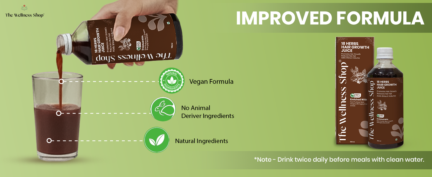 The Wellness Shop 18 Herbs Hair Growth Juice 500ml | Ayurvedic Herbal Drink with Bhringraj Amla Noni Vitamin C | Helps Hair Fall Control, Supports Strong Roots | Natural Scalp Care Pack for Women Men