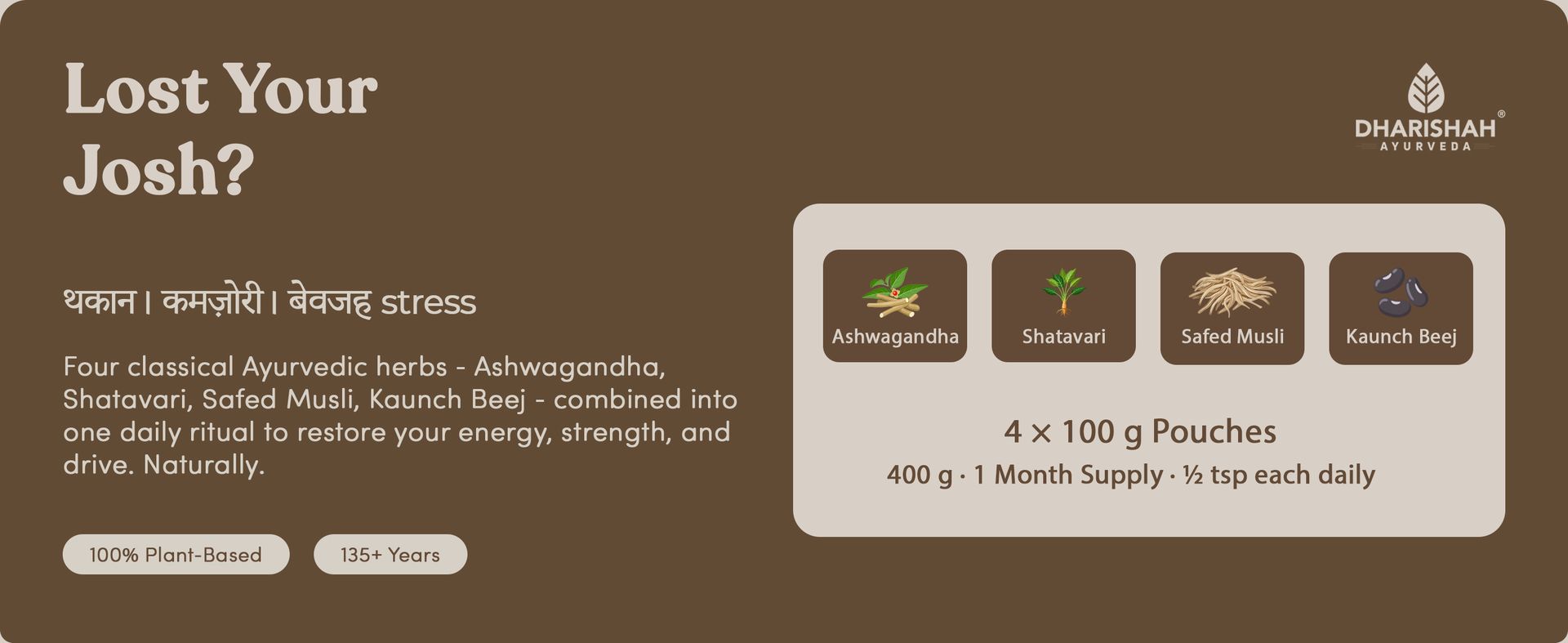 Dharishah Ayurveda Josh Combo Ashwagandha Shatavari Kaunch Beej Safed Musli