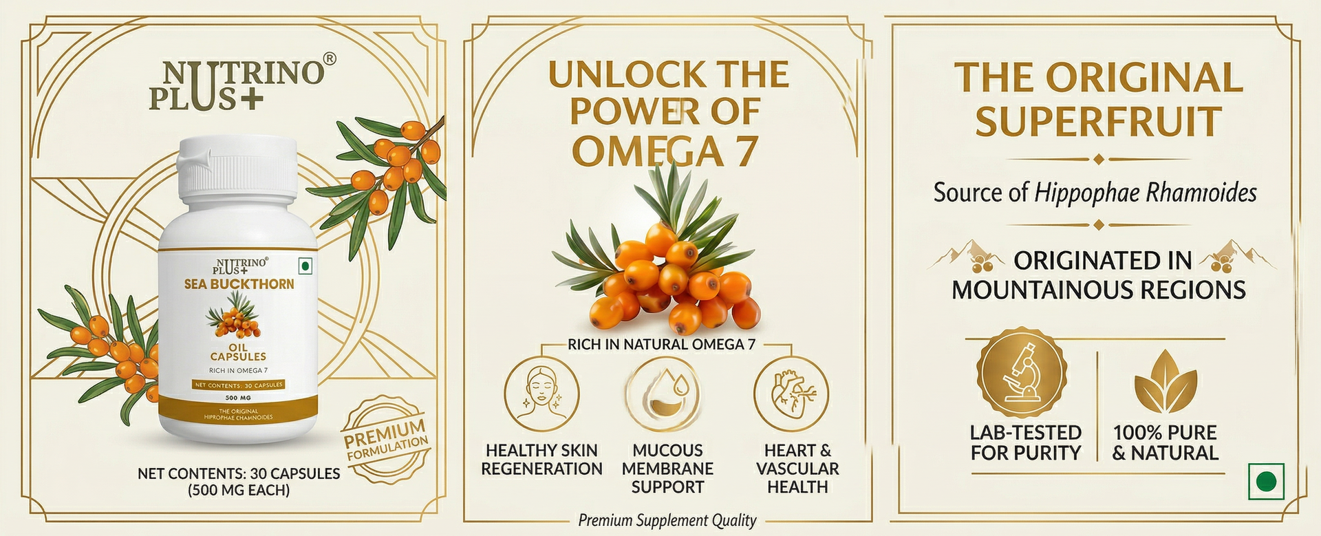 Sea Buckthorn Oil Capsules 500mg | Skin Glow & Anti-Ageing Supplement | Rich in Omega 7, Vitamins C & E | Hippophae Rhamnoides Extract | Antioxidant Capsules for Men & Women | 30 Count