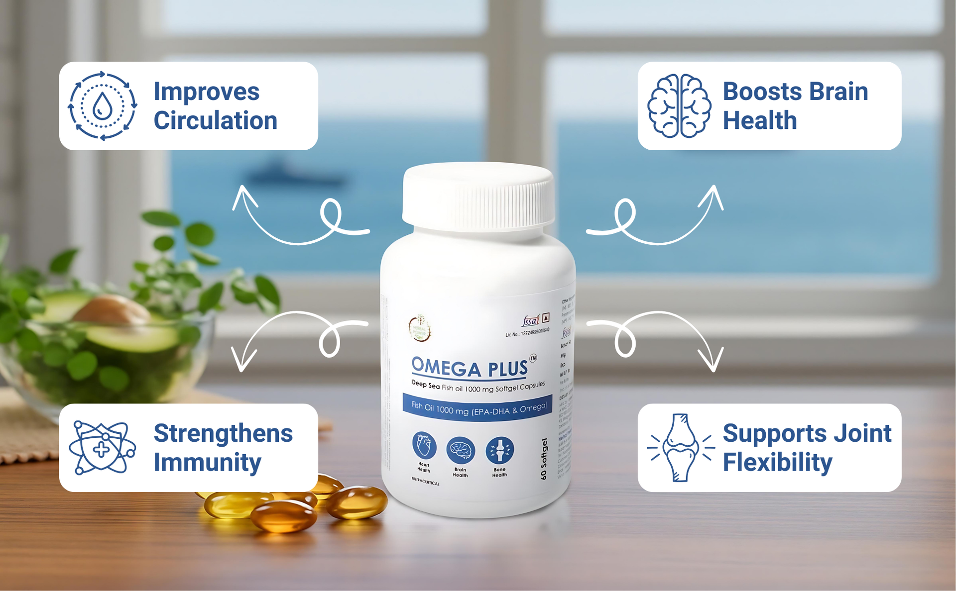 Omega Plus Softgel Capsules | Omega 3-6-9 with EPA, DHA & Vitamin E | Heart, Brain, Joint & Immunity Wellness | 60 Softgels