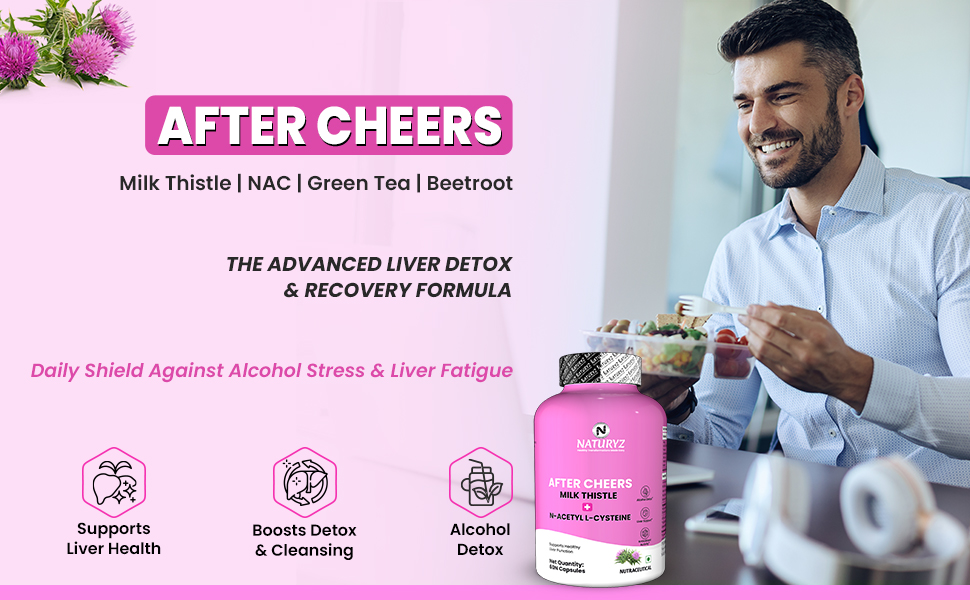 NATURYZ After Cheers Fatty Liver & Alcohol Detox Supplement with Milk Thistle, N-Acetyl Cysteine (NAC), Green Tea & Beetroot | Advanced Liver Health, Hangover Recovery | Helps detox After Drinking | 60 Vegetarian Capsules