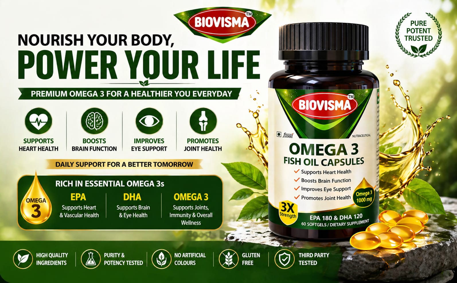 Triple Strength Omega 3 Fish Oil Capsules 1000mg with EPA 180mg and DHA 120mg | Heart Health, Eye Health, Brain Function and Joint Comfort with Fish Oil for Men & Women - 30 Softgel Capsules