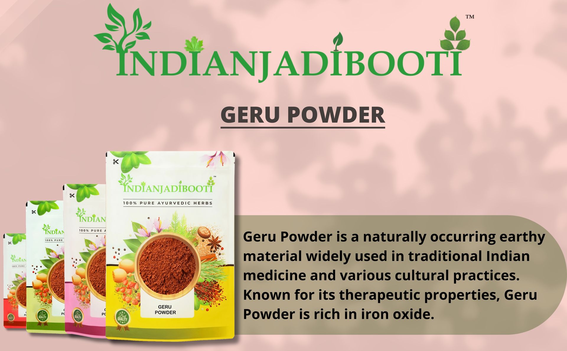 IndianJadiBooti Geru Powder - Red Ochre (Shuddha Gairika) - Traditionally Used for Cooling Skin Rituals, DIY Face Packs & Natural Pigment, 100 Grams