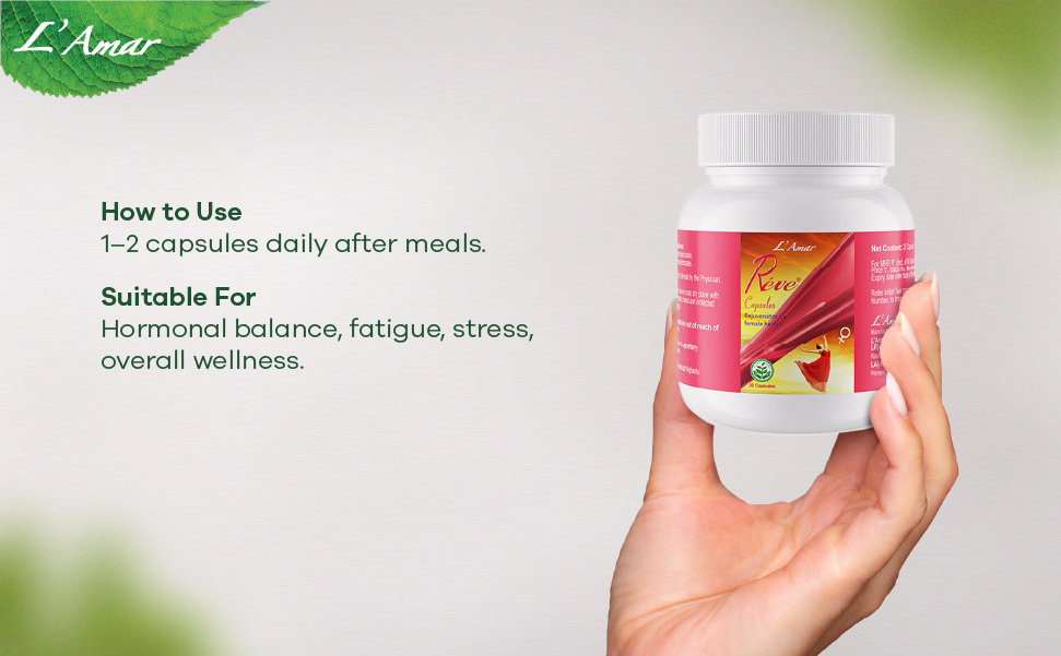 L’Amar REVE Capsules Ayurvedic support for Female Libido, Desire & Arousal – 30 Capsules | Supports Female Hormonal Balance, Anxiety & low energy levels
