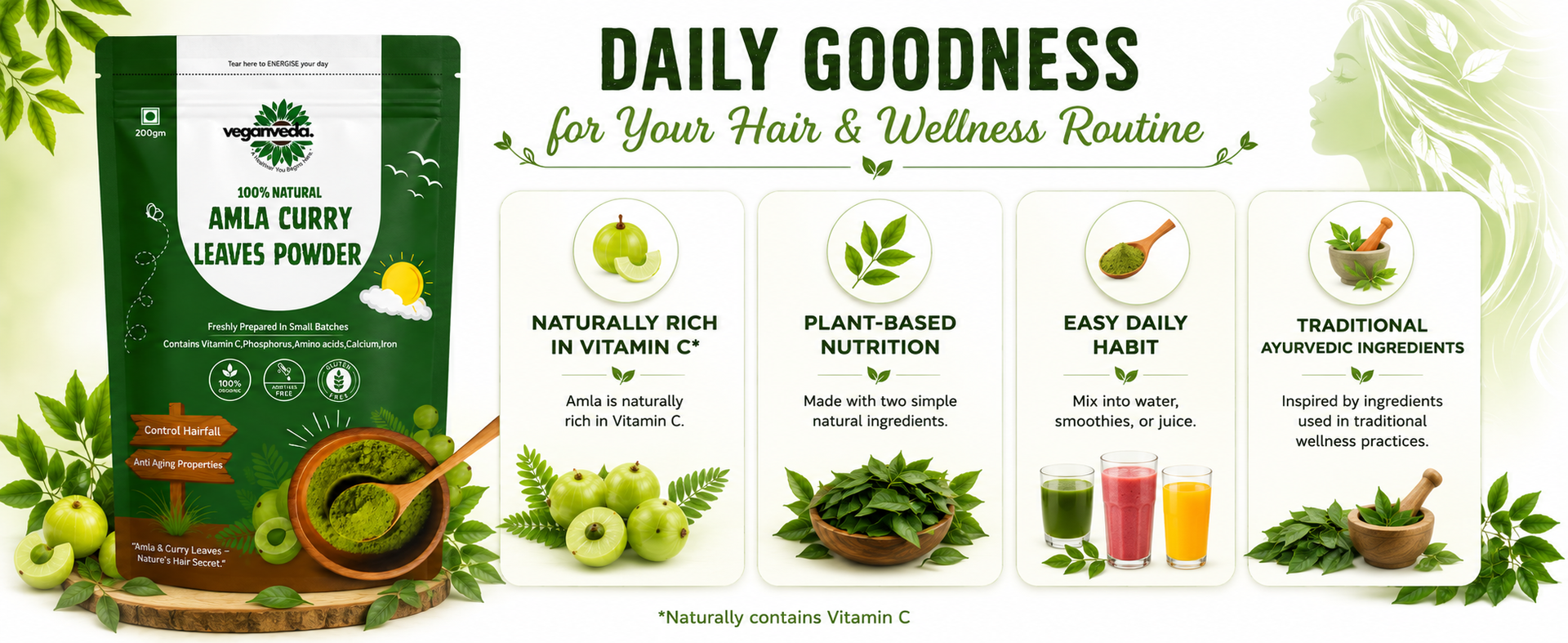 Natural Amla & Curry Leaf/leaves Powder | Plant-Based Superfood for Daily Nutrition & Hair Care | Organic, Vegan, Gluten-Free | No Preservatives | 200g Pack