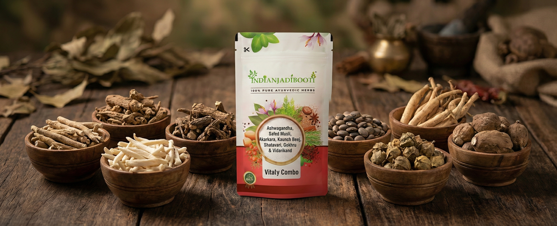 IndianJadiBooti | Ayurvedic Strength & Stamina Mix for Men | Natural Muscle Support | Pure & Raw Herbs 7-Herb Vitality Combo | Safed Musli, Akarkara, Ashwagandha, Shatavari, Vidarikand & Gokhru Powder (350g)