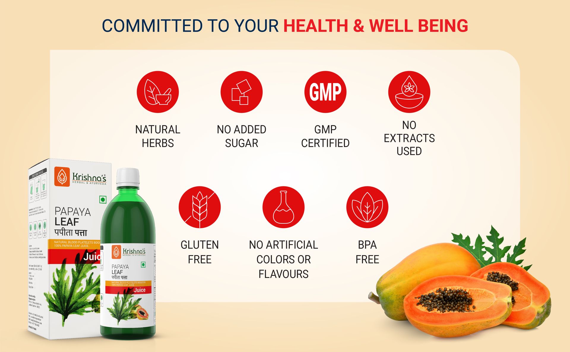 Krishna's Papaya Leaf Juice - 1000 ml | Fresh Papaya Leaves | Helps to platelets count - (Pack of 2)
