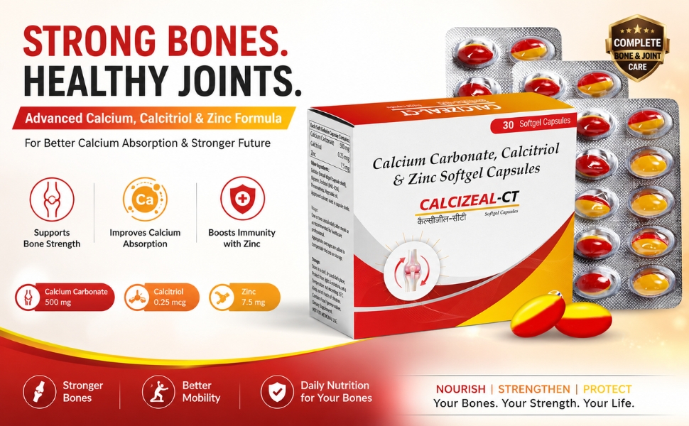 Calcium Carbonate, Calcitriol & Zinc Softgel Capsules | Calcizeal-CT - Bone Strength, Joint Support & Muscle Health Supplement | Best Calcium & Zinc Softgels for Bone Loss Prevention | 30 Capsules