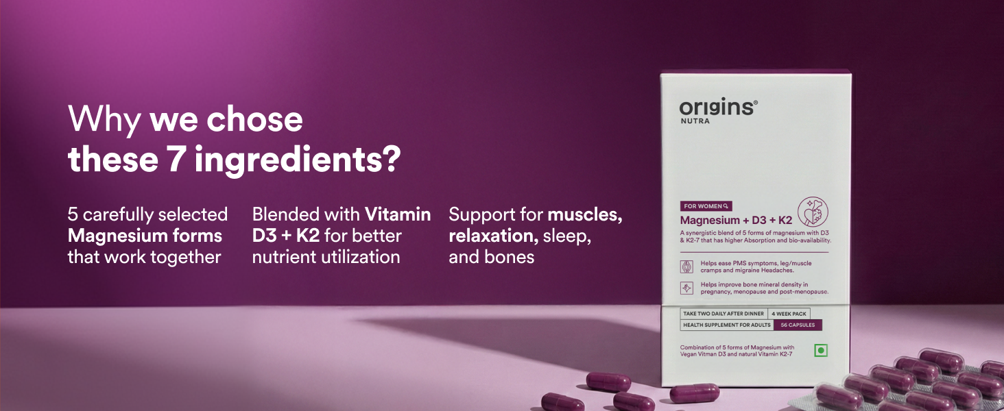 Origins Nutra 5-in-1 Magnesium + D3 + K2-7 for Women | 370 mg Magnesium