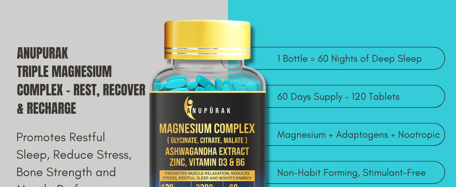 Triple Magnesium Complex Tablets | Glycinate, Malate & Citrate | 296mg Elemental Magnesium | Ashwagandha, L-Theanine, Zinc & D3 | Stress Support, Calm Focus & Muscle Function | 120 Tablets (60 Days)
