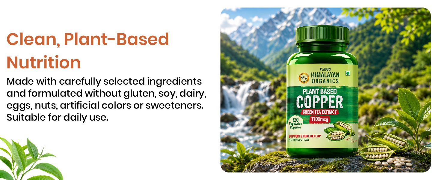 Vlado’s Himalayan Organics Plant Based Copper 1700mcg Supplement with Green Tea Extract - 120 Veg Capsules | Support Connective Tissues, Brain Health, Boost Immunity | For Men & Women