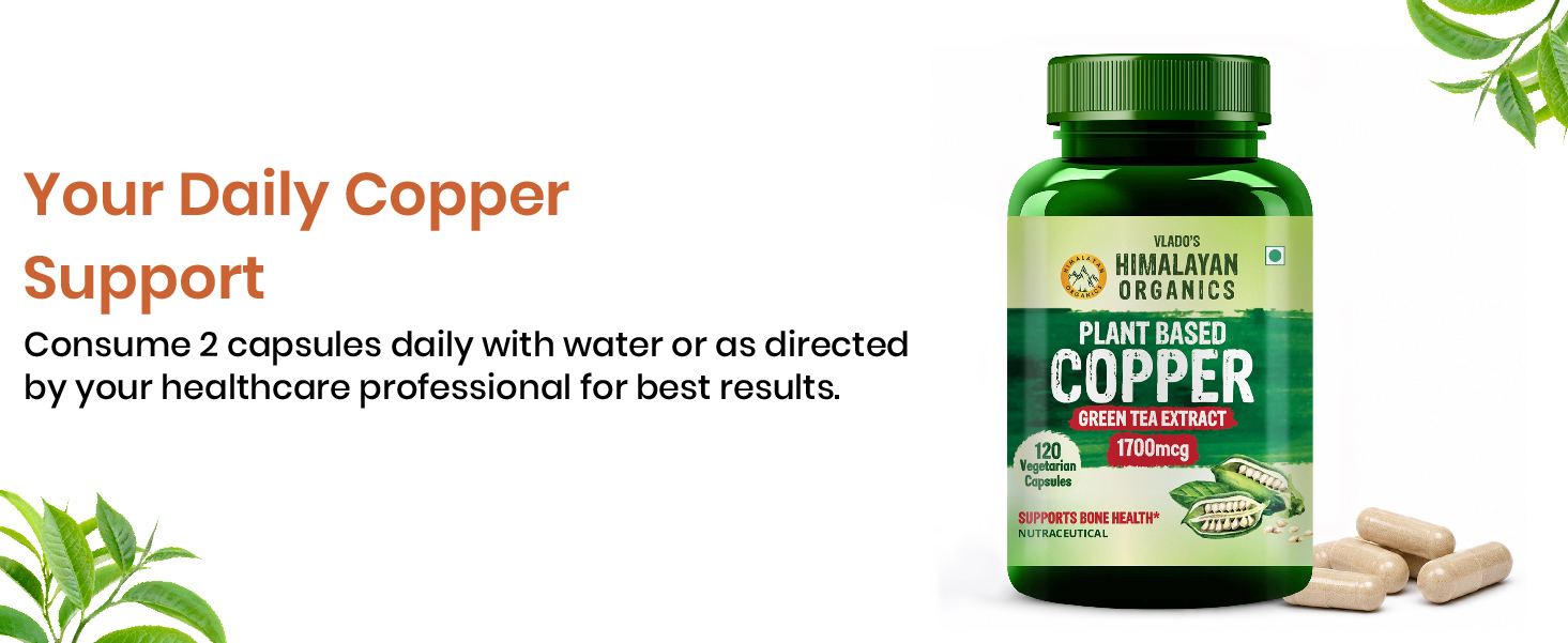 Vlado’s Himalayan Organics Plant Based Copper 1700mcg Supplement with Green Tea Extract - 120 Veg Capsules | Support Connective Tissues, Brain Health, Boost Immunity | For Men & Women