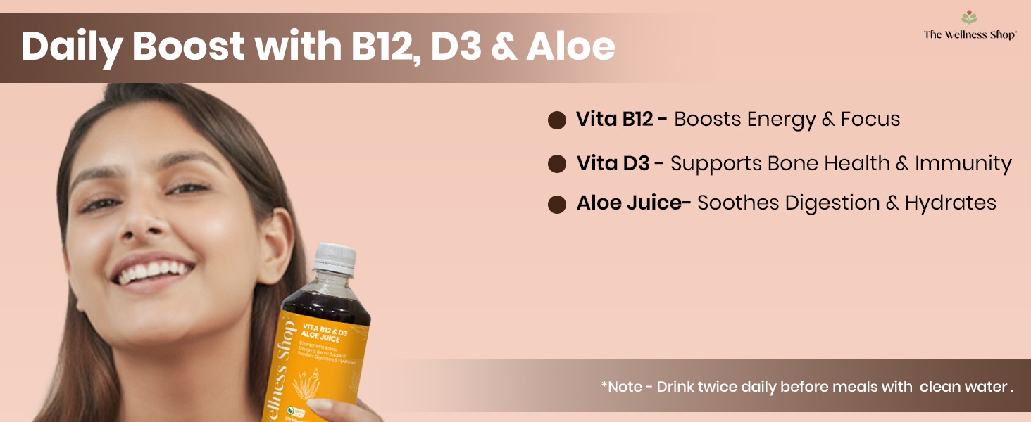 The Wellness Shop Vitamin B12 & D3 Juice with Aloe Vera, Orange & Pomegranate | Energy & Immunity Support Drink | Supports Digestion, Bone & Heart Health | 500ml