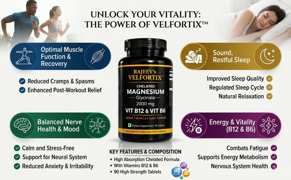 Rajeev’s Velfortix Chelated Magnesium Glycinate 2000 mg with Vitamin B12 & B6 | High Absorption Formula | Nerve, Muscle & Sleep Support | 90 Tablets