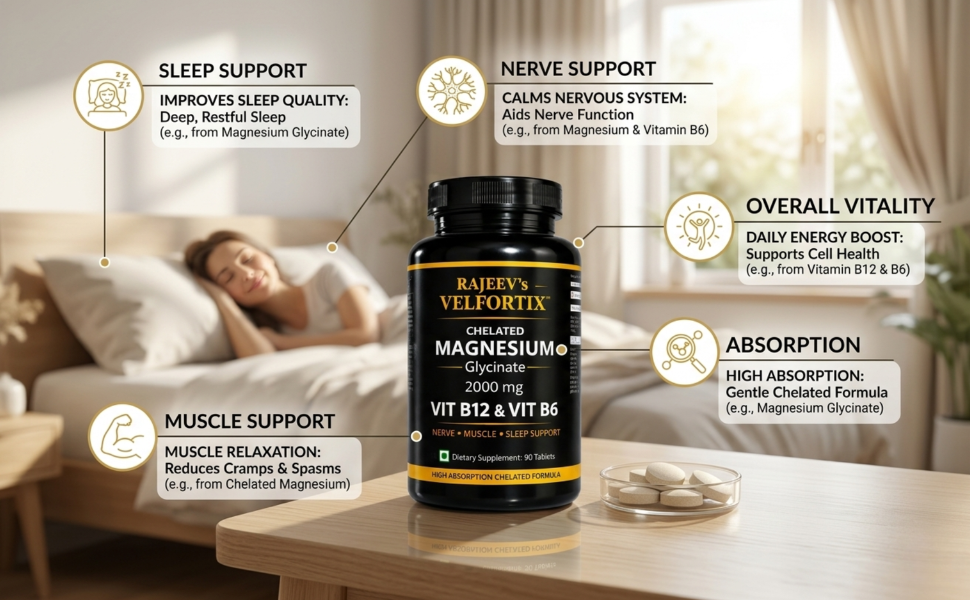 Rajeev’s Velfortix Chelated Magnesium Glycinate 2000 mg with Vitamin B12 & B6 | High Absorption Formula | Nerve, Muscle & Sleep Support | 90 Tablets