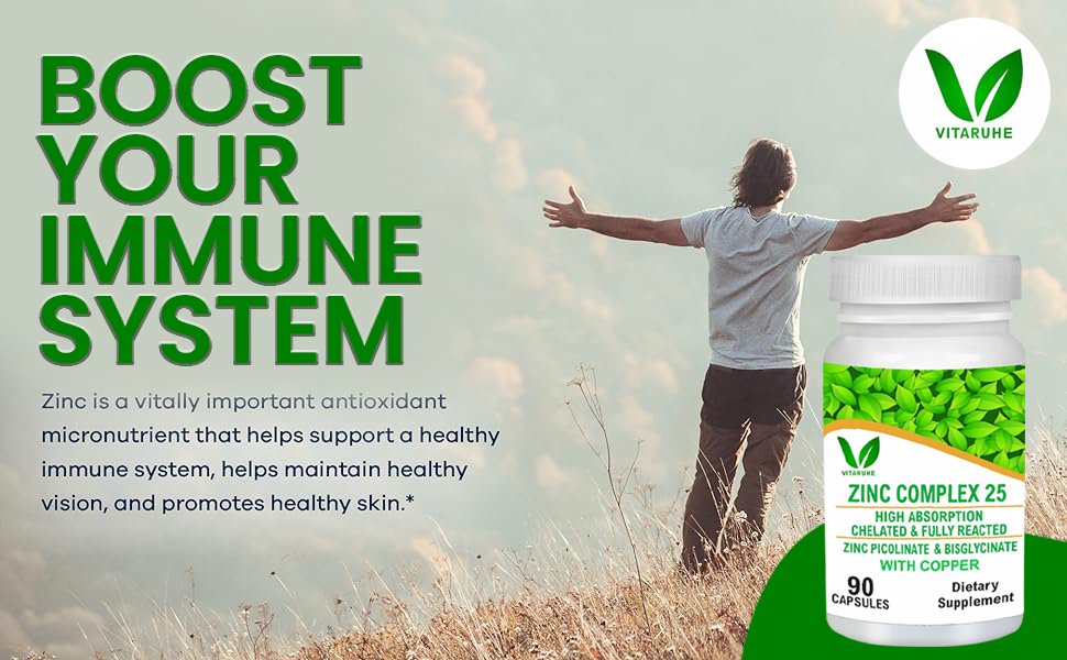 VITARUHE® Chelated Zinc Picolinate & Bisglycinate Complex with Copper, Zinc for Immune, Skin and Cellular Health, High Absorption, Non-GMO, 90 Capsules