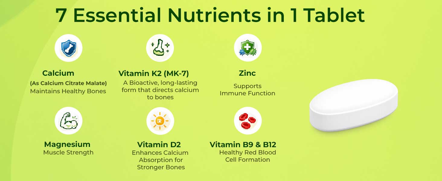 INLIFE Calcium Magnesium Zinc D2 B12 K2 MK7, Bone & Joint, 120 Tablets