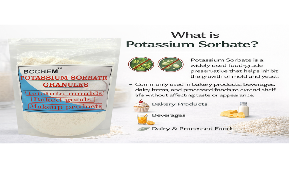 BCCHEM Potassium sorbate granular-1 kg,preservative, baking essential| For baked goods,bevrages,batter's(1 KG)