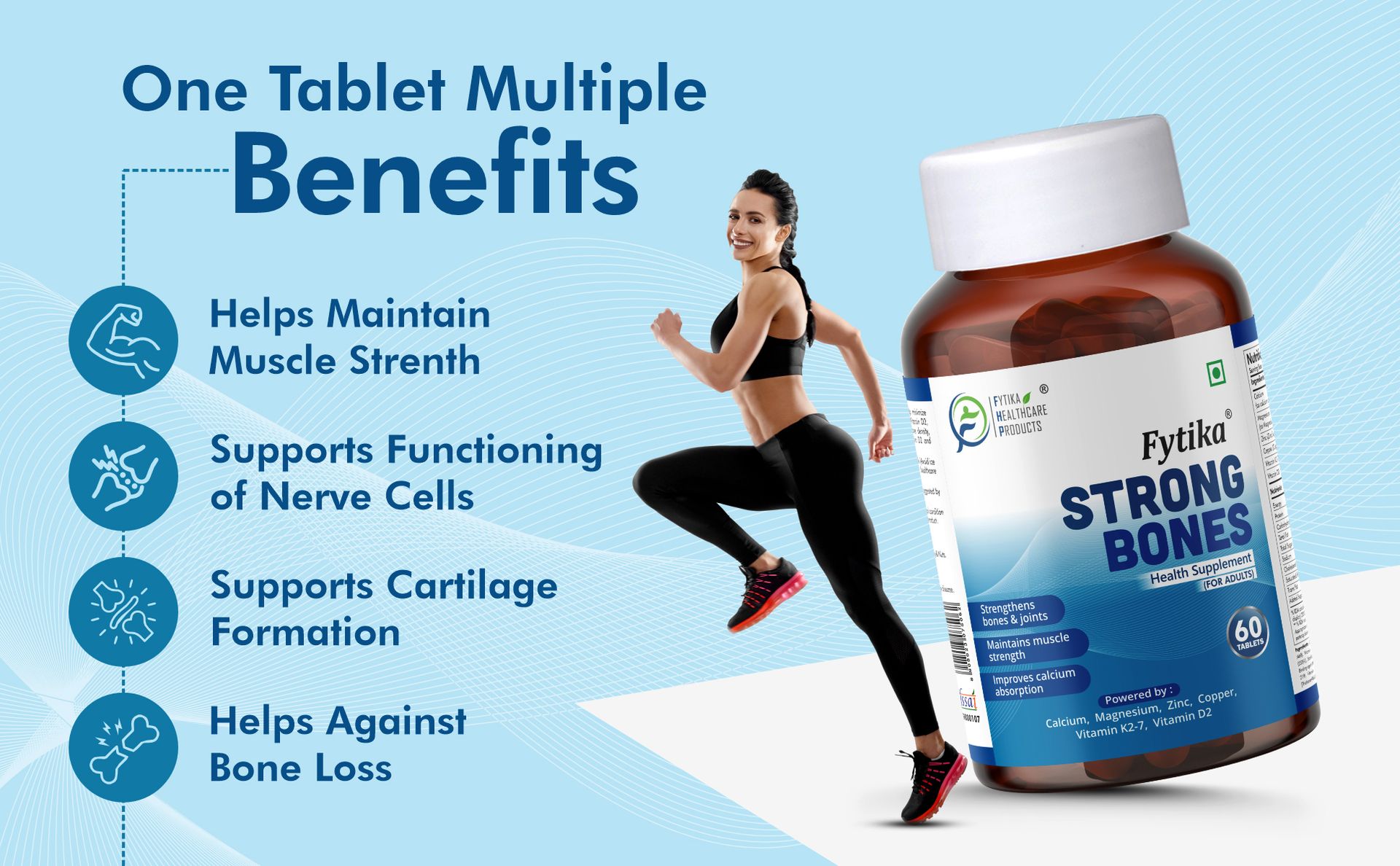 Fytika Strong Bones (Pack of 2) - 120 TABS | Calcium 1000mg + Vitamin D3 400IU Supplement with Magnesium, Zinc,Coper & Vitamin K2 for Complete Bone, Joint & Muscle Health - Women and Men
