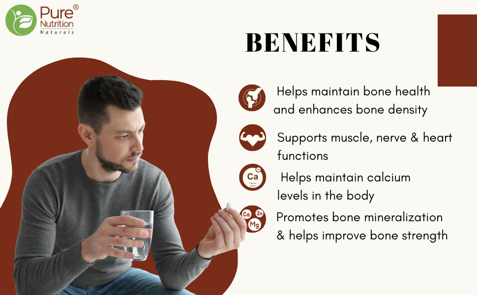 Pure Nutrition Calcium with Magnesium, Zinc, Vitamin D3 & K2 (600 IU) – Calcium Tablets Supports Bone, Joint & Muscle Health, Boosts Collagen Synthesis for Men & Women 60 Tablets