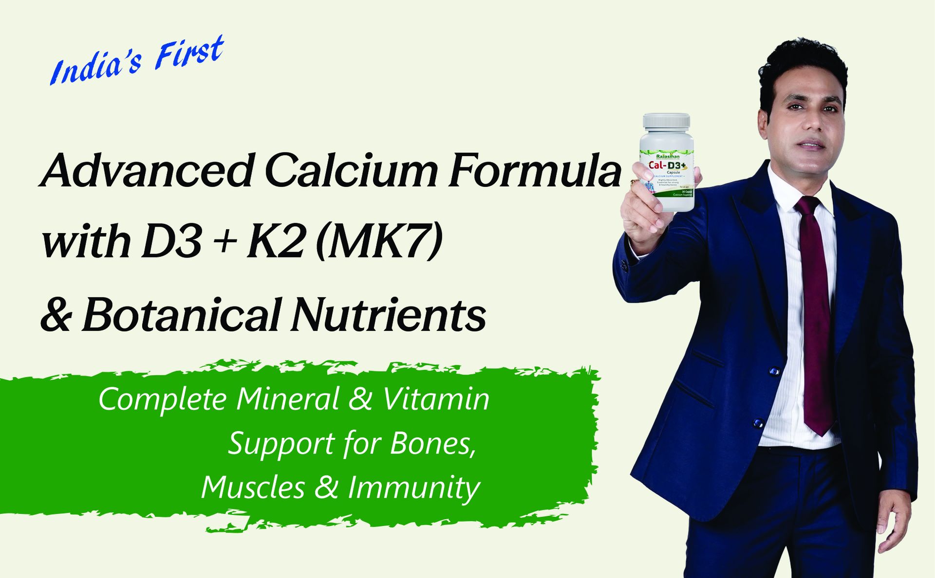 Cal-D3+ Capsules by Rajasthan Aushdhalaya | Calcium Supplement | Essential for Strong & Healthy bones | 60 Capsules