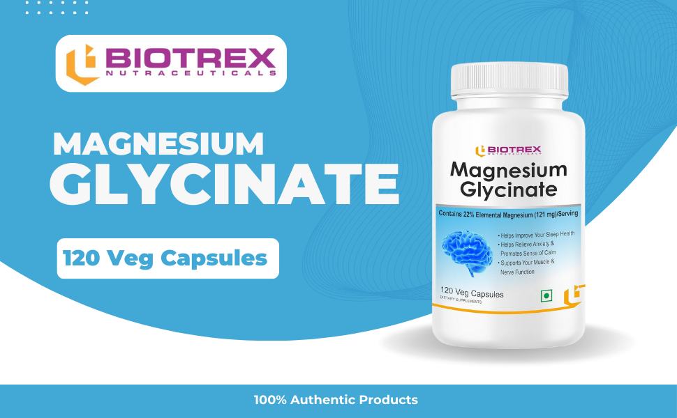 Biotrex Nutraceuticals Magnesium Glycinate | Highest Bioavailability | Cramps, Sleep & Mood balance | Chelated Form With Superior Absorption | Muscle Recovery & Nerve Function | 120 Veg Capsules