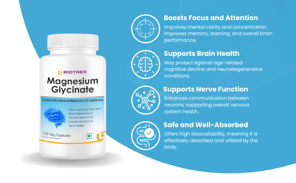 Biotrex Nutraceuticals Magnesium Glycinate | Highest Bioavailability | Cramps, Sleep & Mood balance | Chelated Form With Superior Absorption | Muscle Recovery & Nerve Function | 120 Veg Capsules