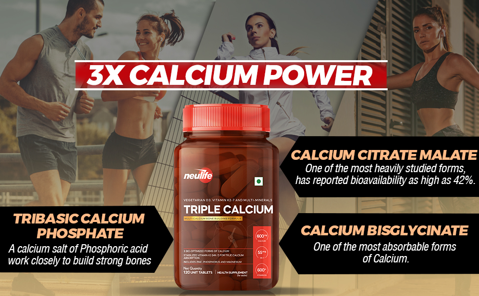 Neulife Triple Calcium with K2-7 & D3 – Multi-Source Calcium Citrate Malate (CCM) Formula with Zinc, Phosphorus & Magnesium – Bone Health Support – 120 Tablets
