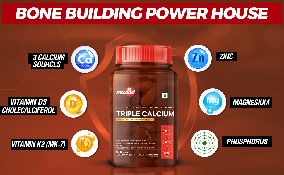 Neulife Triple Calcium with K2-7 & D3 – Multi-Source Calcium Citrate Malate (CCM) Formula with Zinc, Phosphorus & Magnesium – Bone Health Support – 120 Tablets
