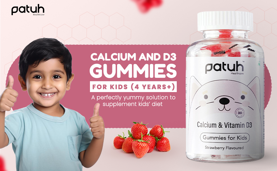 Calcium and Vitamin D3 Gummies for kids (4 years+) | 30 Day Pack | Calcium and D3 Gummies for Kids | 100% Vegetarian, Natural Strawberry flavour