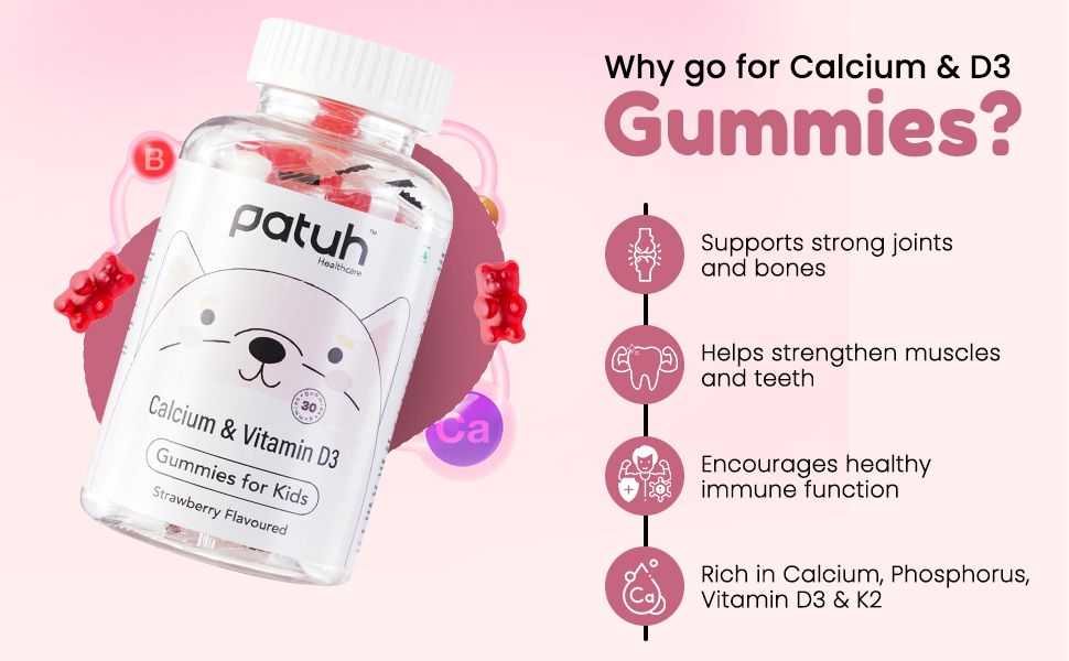 Calcium and Vitamin D3 Gummies for kids (4 years+) | 30 Day Pack | Calcium and D3 Gummies for Kids | 100% Vegetarian, Natural Strawberry flavour