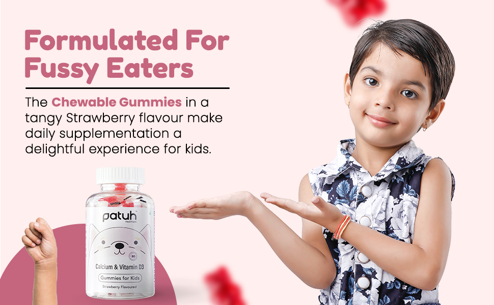 Calcium and Vitamin D3 Gummies for kids (4 years+) | 30 Day Pack | Calcium and D3 Gummies for Kids | 100% Vegetarian, Natural Strawberry flavour