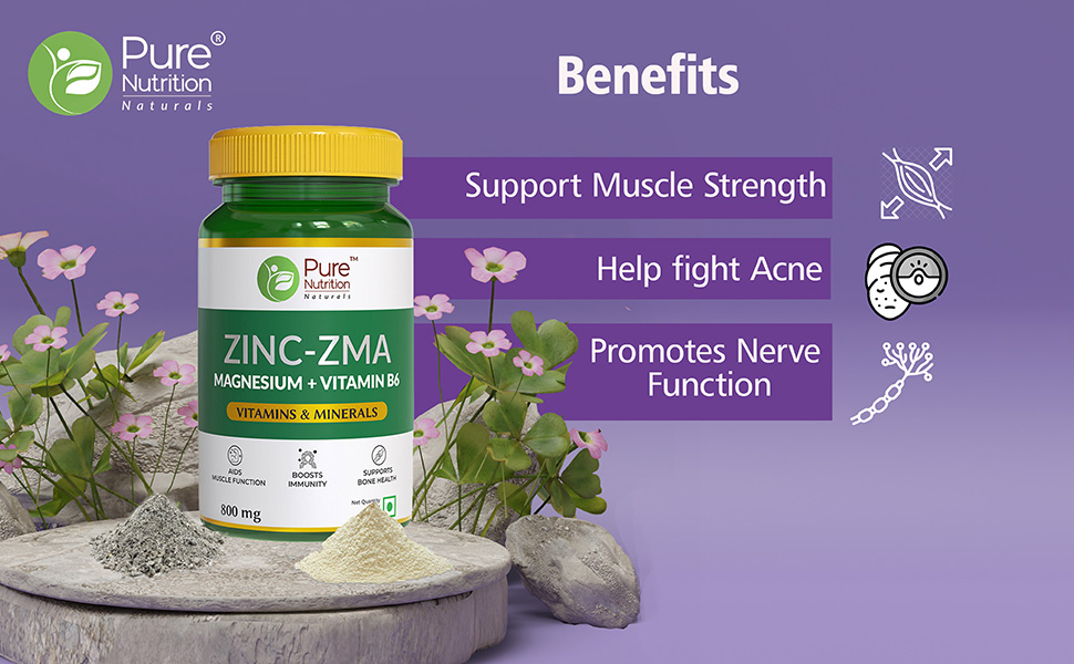 Pure Nutrition Zinc ZMA – 60 Veg Tablets | 800mg Zinc, Magnesium Aspartate & Vitamin B6 | Supports Muscle Recovery, Bone Strength & Deep Sleep | Boosts Energy, Testosterone & Immunity | Ideal for Athletes & Active Lifestyles