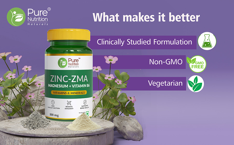 Pure Nutrition Zinc ZMA – 60 Veg Tablets | 800mg Zinc, Magnesium Aspartate & Vitamin B6 | Supports Muscle Recovery, Bone Strength & Deep Sleep | Boosts Energy, Testosterone & Immunity | Ideal for Athletes & Active Lifestyles