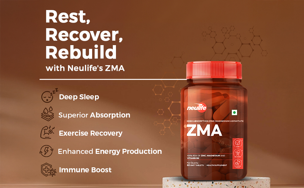 Neulife ZMA-Zinc + Magnesium + B6 for Recovery & all-round Health boost Tablets- (60Tabs)