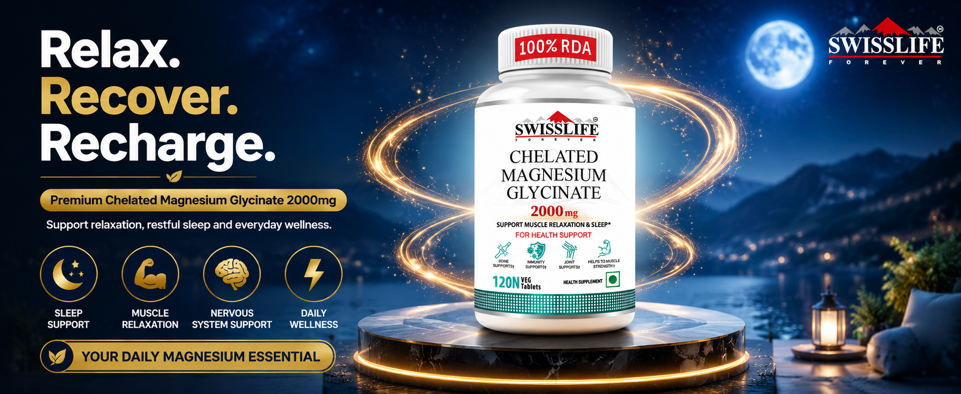 SwissLife Forever Magnesium Glycinate Tablets 120 Veg Tablets | High Absorption Chelated Magnesium | Supports Sleep, Muscle Recovery, Stress Relief and Bone Health | For Men and Women