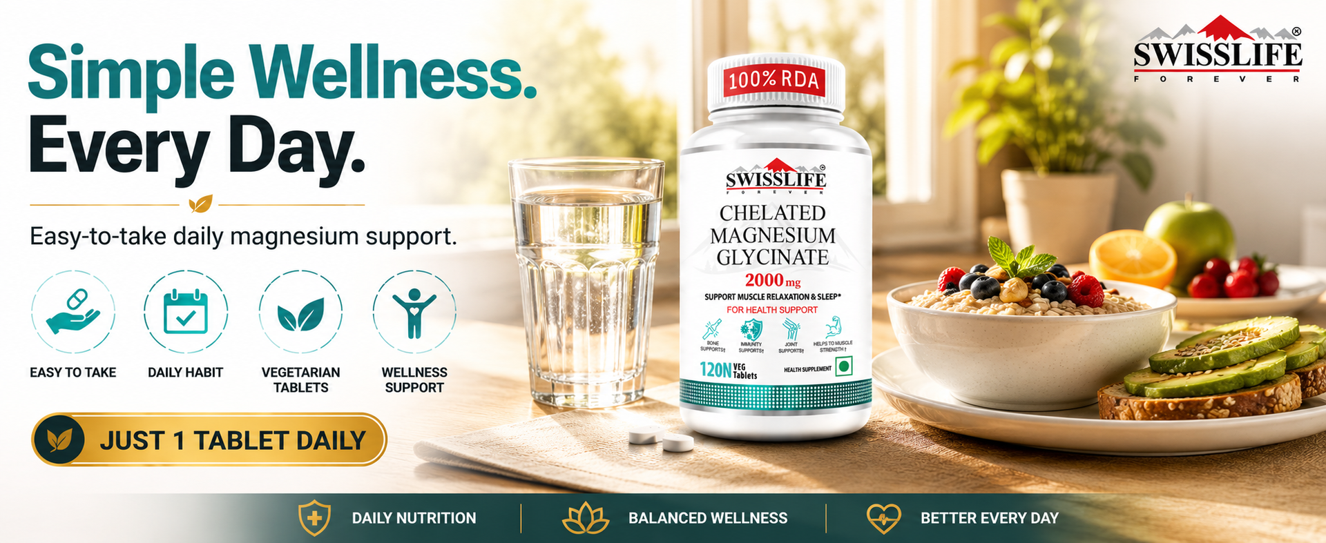 SwissLife Forever Magnesium Glycinate Tablets 120 Veg Tablets | High Absorption Chelated Magnesium | Supports Sleep, Muscle Recovery, Stress Relief and Bone Health | For Men and Women