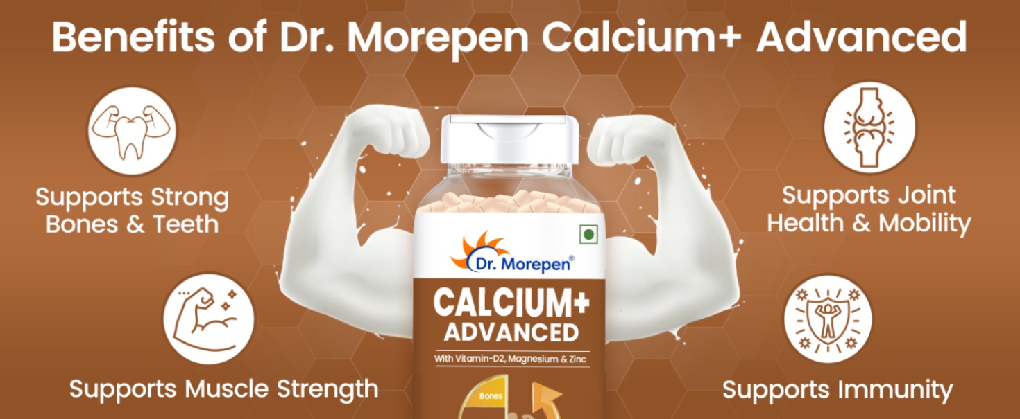 Dr. Morepen Calcium+ Advanced Tabs with Vitamin - D2, Magnesium & Zinc - 120 Veg Tablets for Women & Men Calcium & Vitamin D Tablets to support Strong Bones, Joints & Muscles