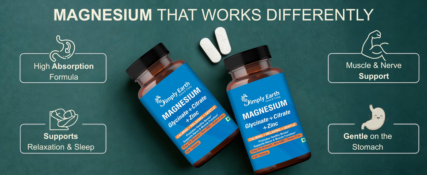 Simply Earth Magnesium Complex supplements - 120 Veg Tablets with Magnesium Glycinate; Citrate; Oxide & added Zinc - Promotes Healthy Bones; Supports Nerve & Muscle Function