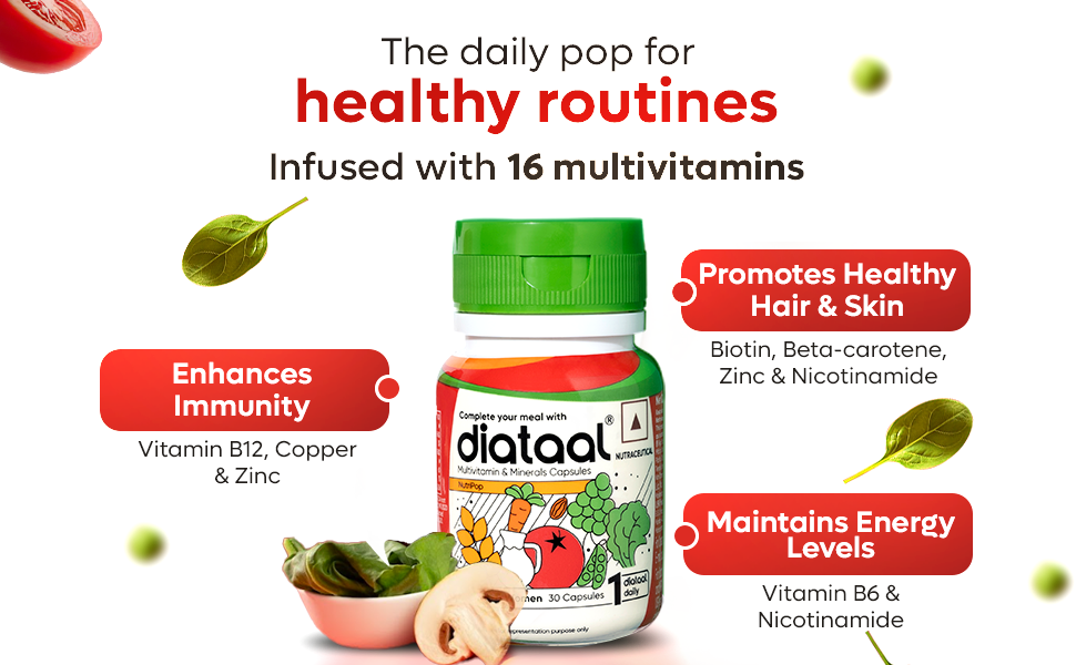 Diataal Multivitamin with Biotin, B12, Niacin, Zinc & Folic Acid | Daily Supplement for Hair, Skin, Immunity & Energy | Men & Women | 30 Capsules |Pack of 2|